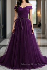 Off Shoulder Purple Tulle Long Semi Formal Prom Dresses, Off the Shoulder Purple Formal Dresses, Purple Evening Dresses